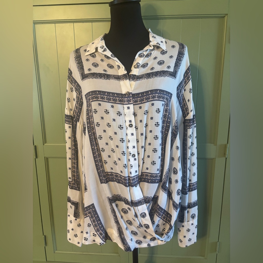 Free People Little Secret Printed Button Front Blouse - White/Navy - Picture 2 of 7